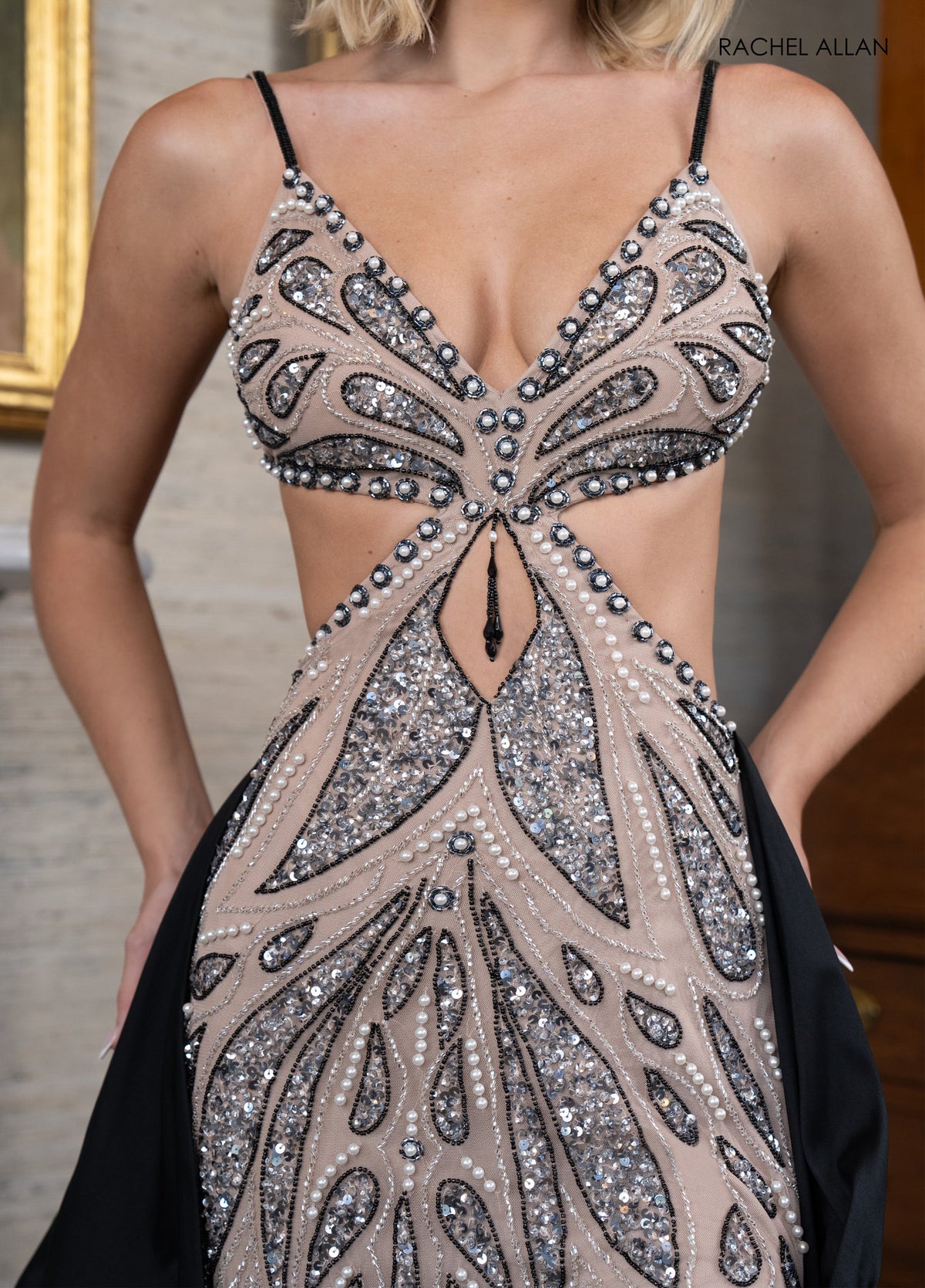 Cutout Overskirt Slit Gown by Rachel Allan 70929