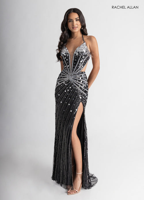 Mirror Beaded V-Neck Slit Gown by Rachel Allan 71011