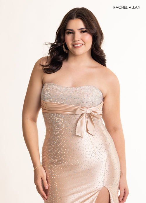 Satin Strapless Slit Gown by Rachel Allan 71067