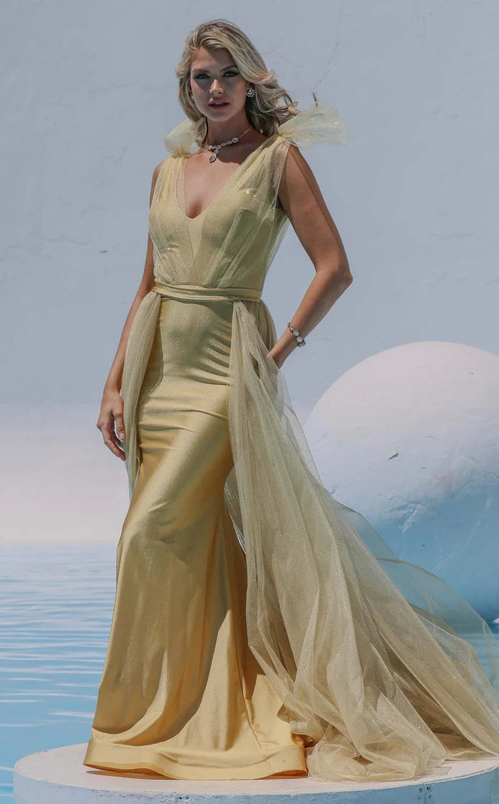 Jessica Angel JA732 V-Neck Sleeveless Ruched Jersey Glitter Tulle Dress