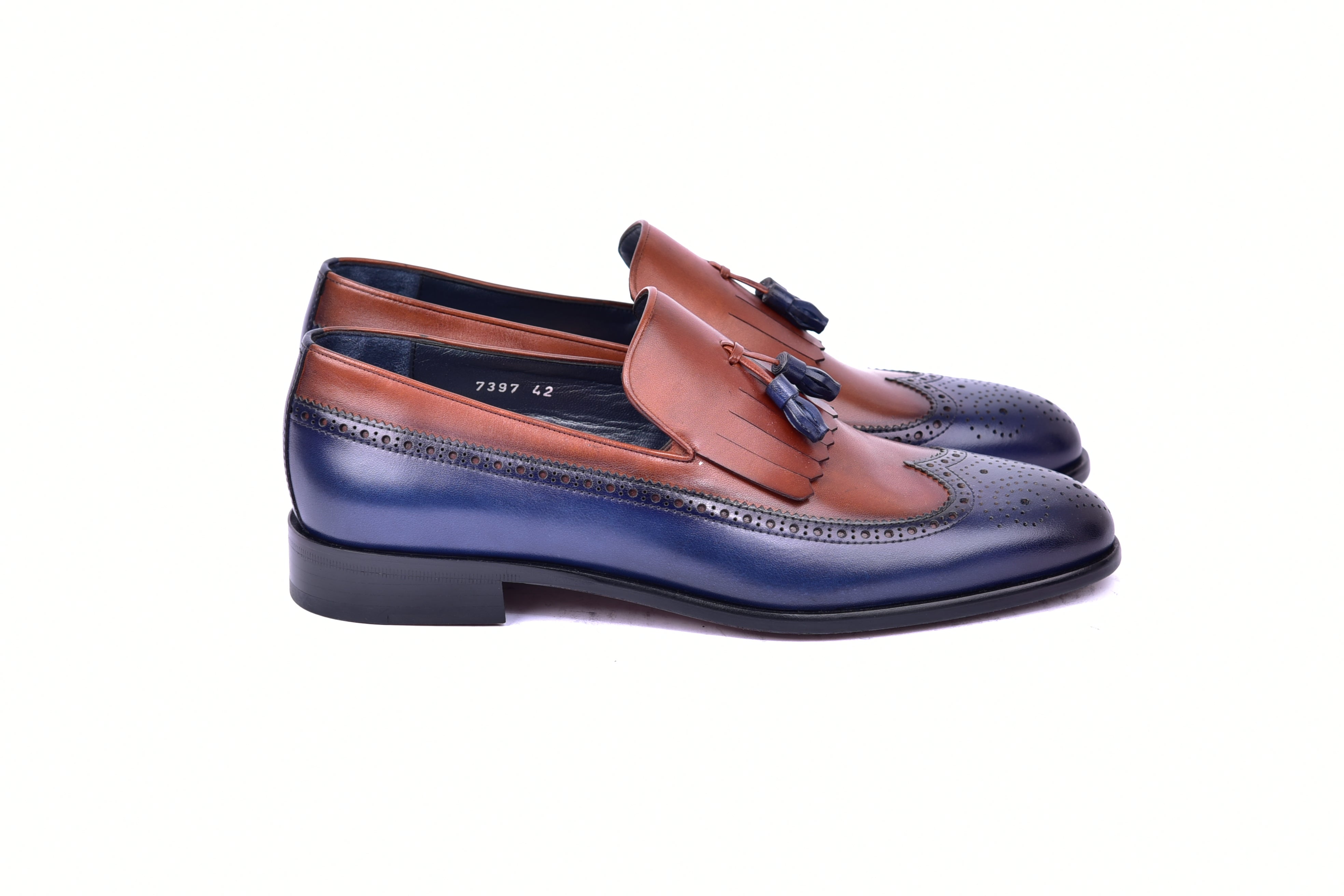 C00019-7397 Wing tip Kiltie Tassel Loafer-Navy/Tan