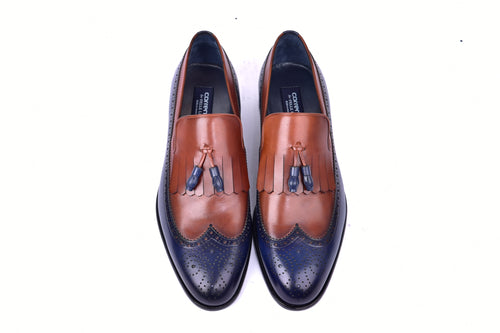 C00019-7397 Wing tip Kiltie Tassel Loafer-Navy/Tan