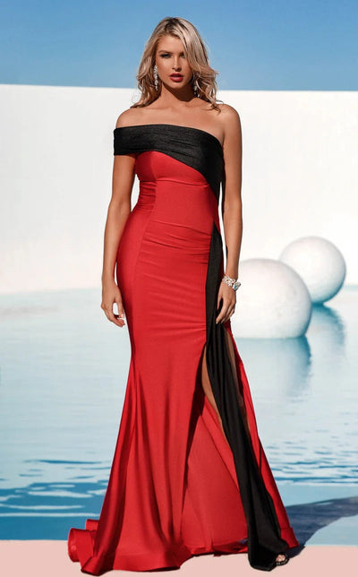 Jessica Angel JA748 One-Shoulder Fitted High Slit Train Prom Red Jersey Dress