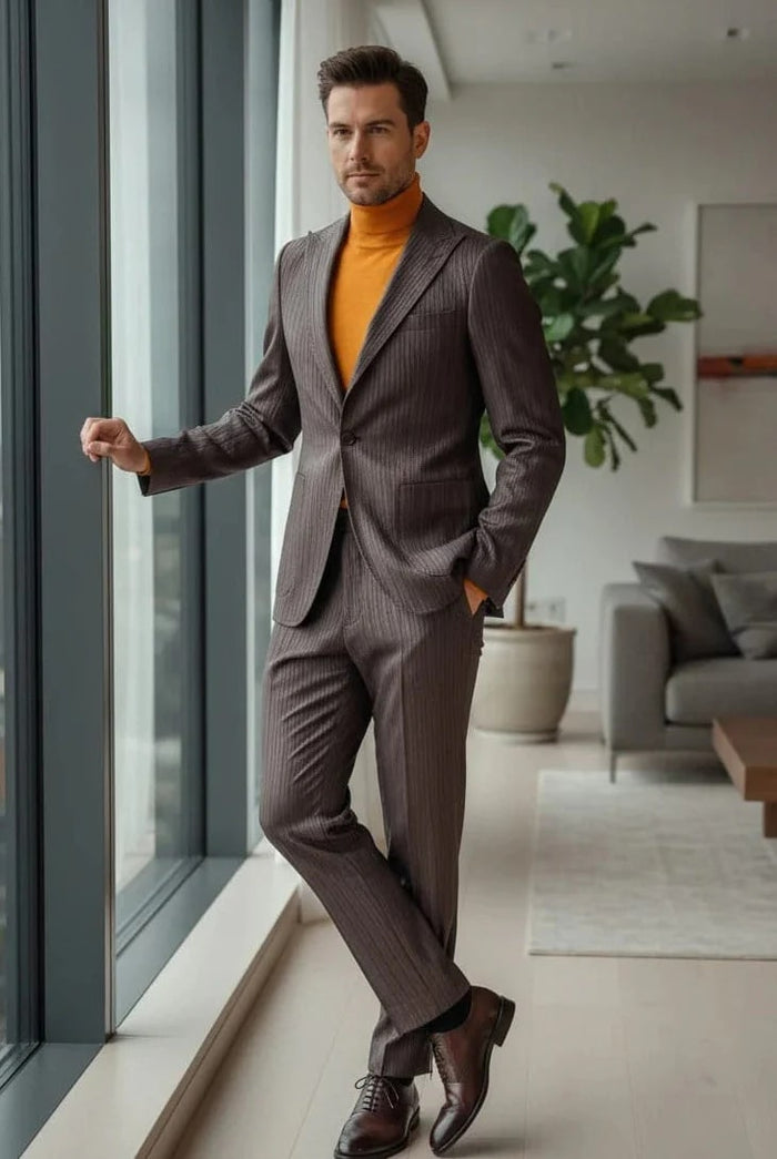 Mens Slim Fit One Button Peak Lapel Suit Brown by USA Men's Outlet