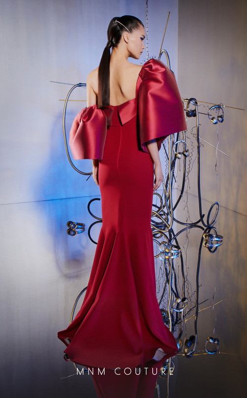 MNM Couture E0030 Strapless Blue Gown with Sculpted Sleeve