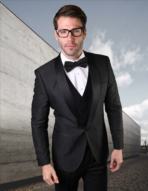 Mens Vested Lace Pattern Tuxedo in Black by Statement