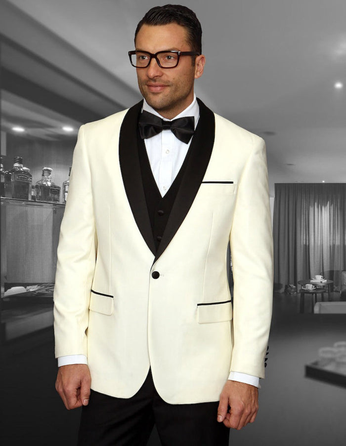 Mens Wool Ivory Dinner Jacket Tuxedo with Black Pants & Vest