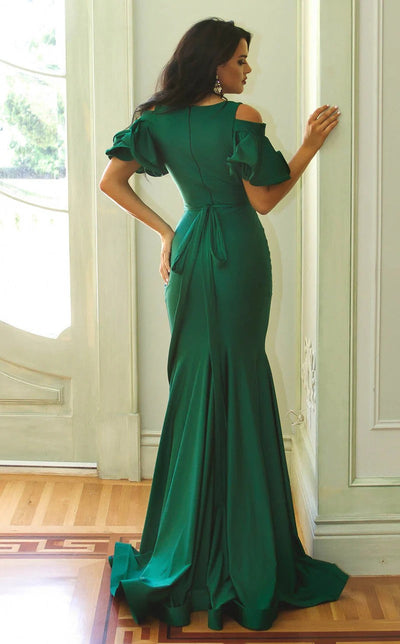 Jessica Angel JA785 Off-Shoulder V-Neck Fitted Ruched Prom Jersey Dress