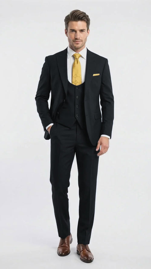 Vitali Men's Modern Fit 3-Piece Black Suit – 2-Button Jacket with Scoop Neck Vest
