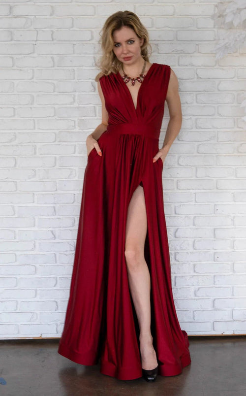 Jessica Angel JA797 V-Neck Sleeveless A-Line High Slit Open Back Jersey Dress