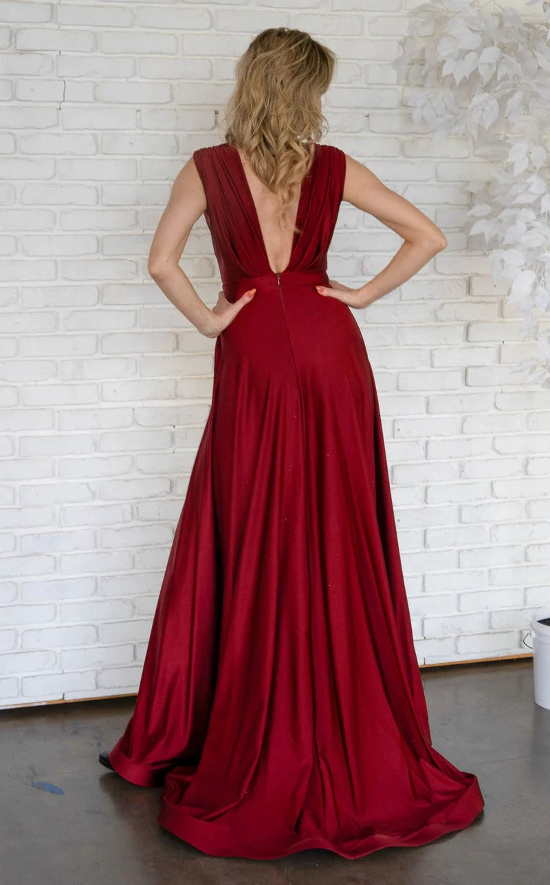 Jessica Angel JA797 V-Neck Sleeveless A-Line High Slit Open Back Jersey Dress