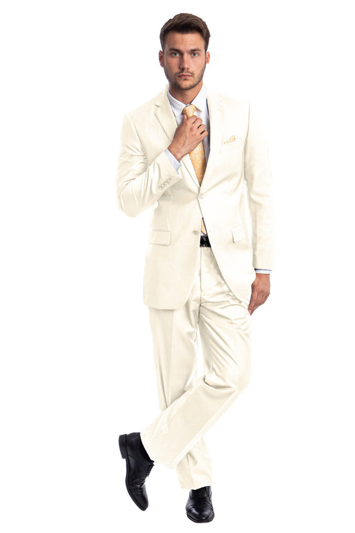 Men's Two Button Basic Modern Fit Business Suit in Off White by Demantiein