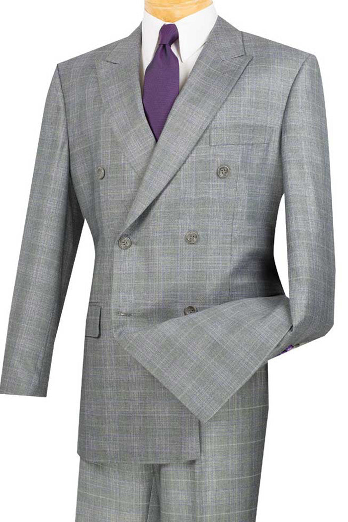 Mens Classic Wool Feel Double Breasted Glen Plaid Suit in Tan by Vinci
