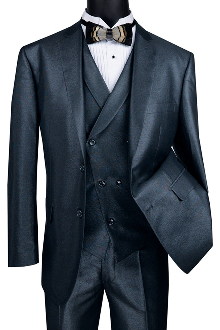 Mens Vested 2 Button Wide Peak Lapel Textured Summer Suit in Blue by Vinci