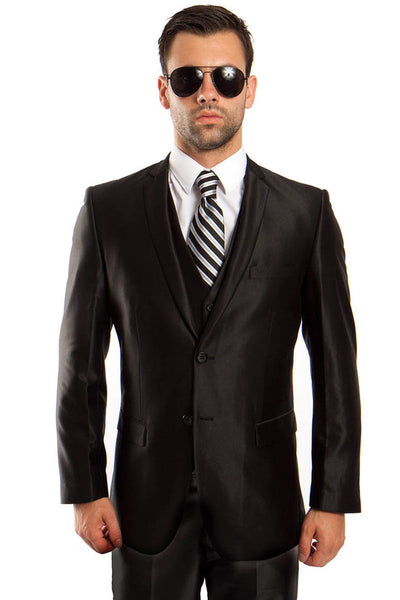 Mens Black Sharkskin Two Button Vested Suit