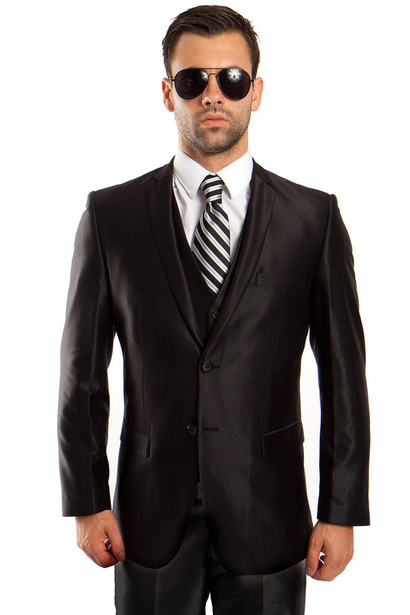 Mens Black Sharkskin Two Button Vested Suit