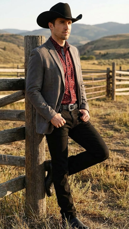 Saco Vaquero Men’s Charcoal Gray Western Faux Suede Blazer – Double Button Cowboy Jacket for Wedding & Party Wear