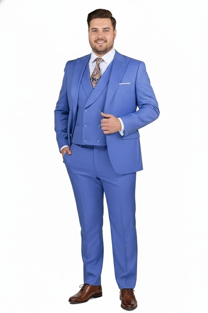 Men’s Light Blue Double-Breasted 3-Piece Suit Set - Tailored Fit Formal Business Suit in Steel Blue Sky Blue Color by USA Men's Outlet