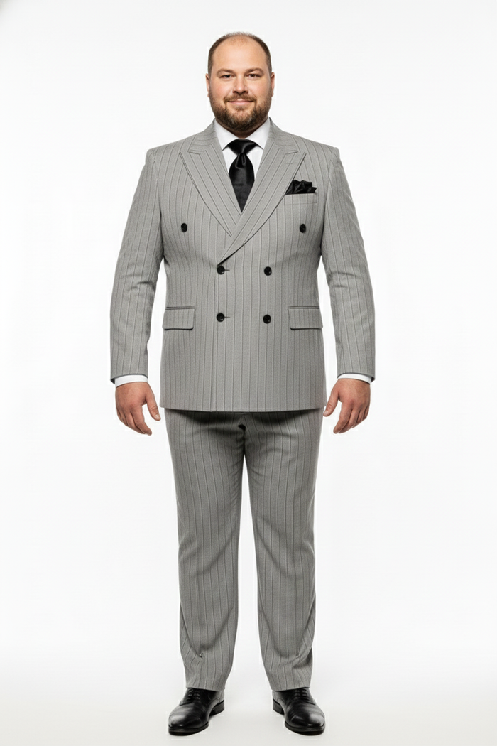 Men’s Grey and Black Pinstripe Double-Breasted Suit - 1920s Gangster Vintage Looking suit By Rossiman USA Men's Outlet