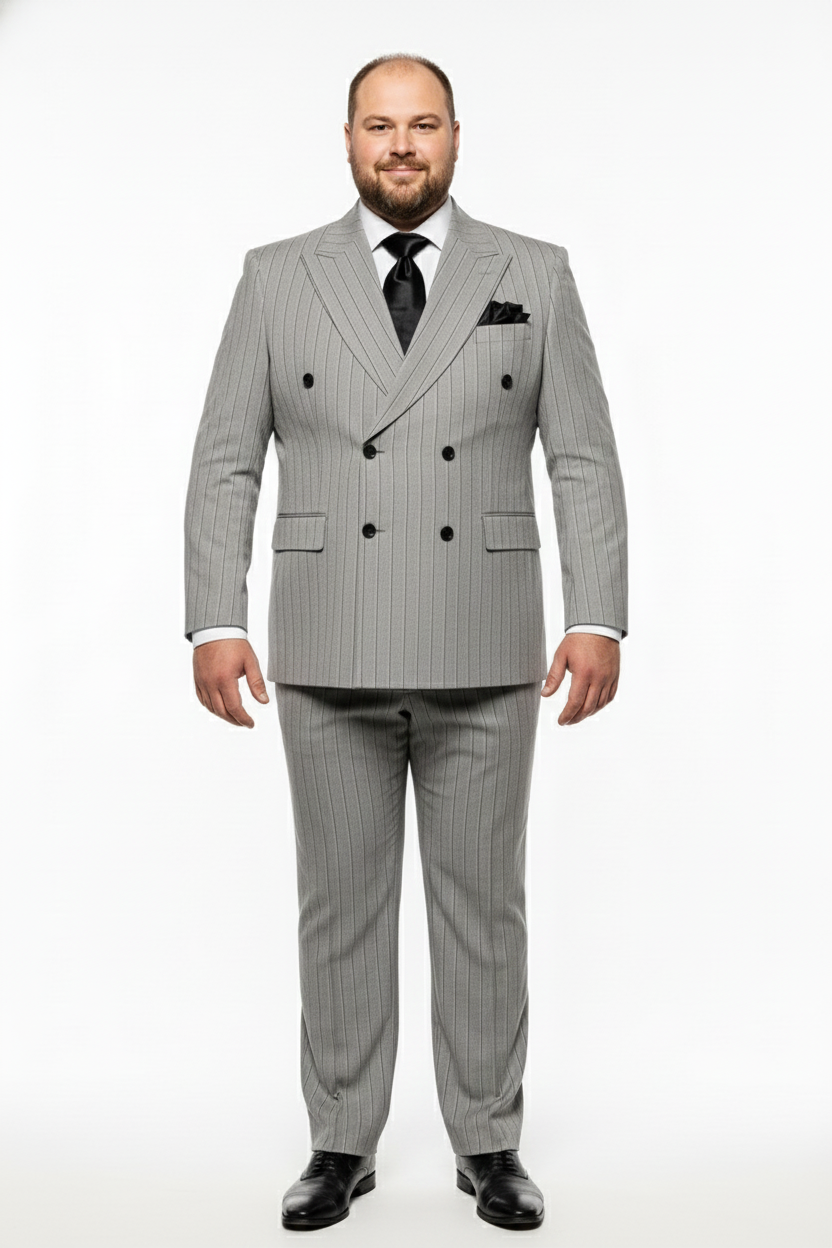 Men’s Grey and Black Pinstripe Double-Breasted Suit - 1920s Gangster Vintage Looking suit By Rossiman USA Men's Outlet