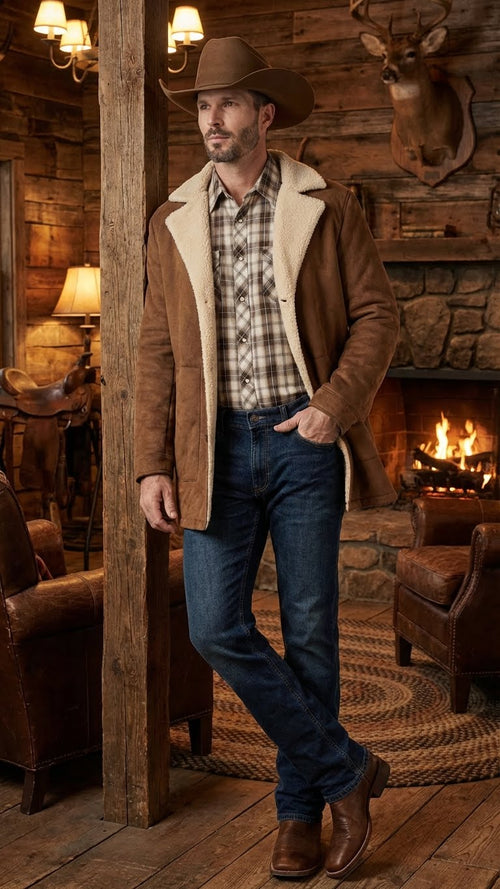 Saco Vaquero Men’s Brown Western Faux Suede Blazer Coat – Cowboy Style Long Jacket for Wedding, Party and Special Events