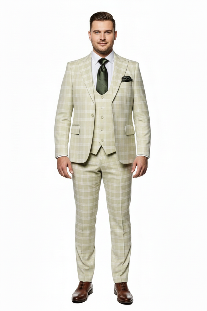 Men’s Light Beige Check 3-Piece Suit Set - Premium Tailored Fit Formal Wedding and Spring Event Suit Light Tan Sand Color By Rossiman USA Men's Outlet