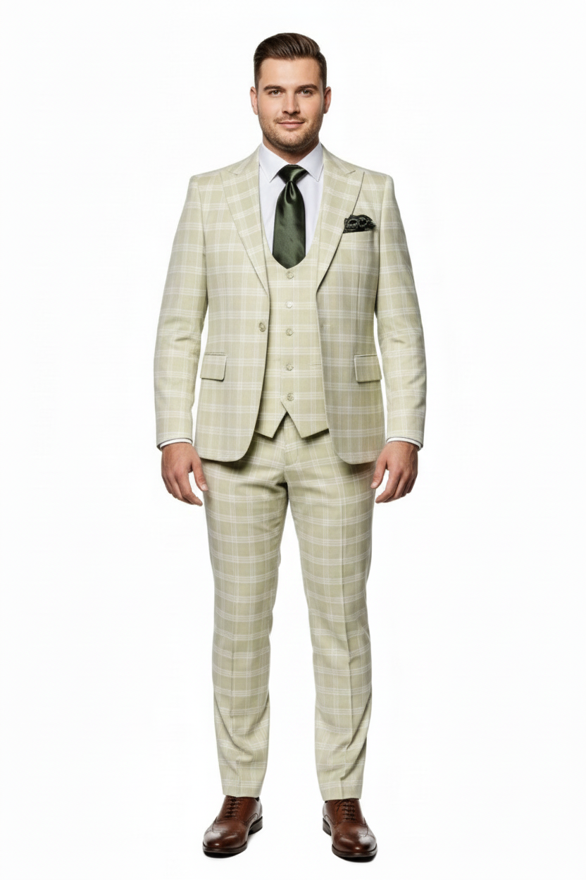 Men’s Light Beige Check 3-Piece Suit Set – Premium Tailored Fit Formal Wedding and Spring Event Suit Light Tan Sand Color By Rossiman