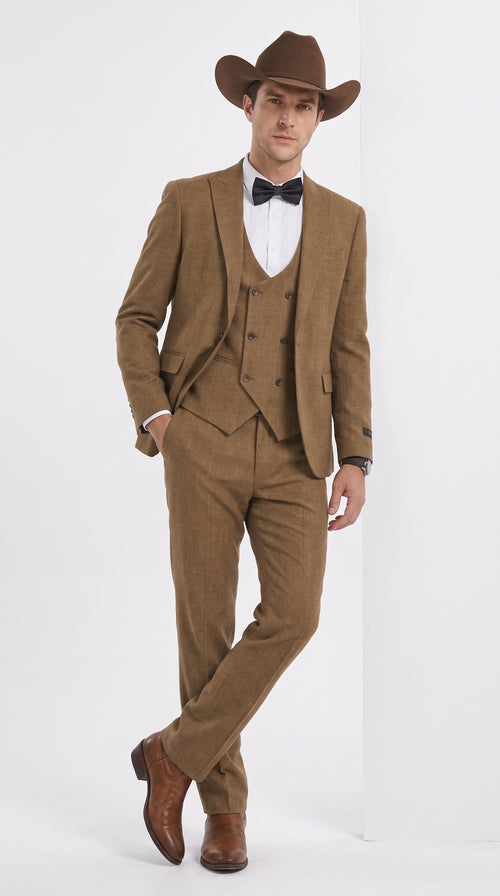 Men’s Light Brown Western 3-Piece Suit – Cowboy Wedding Suit with Vest British Khaki Color