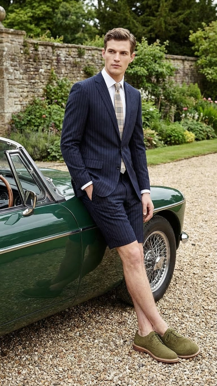 Men’s Dark Navy Blue Pinstripe or Black Pinstripe Summer Business Suit with Shorts Pants Set by USA Men's Outlet