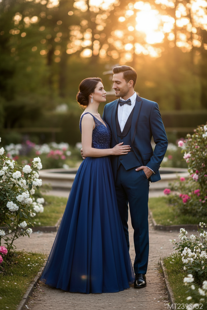 Men’s Teal Blue Tuxedo - 3-Piece Formal Suit with Satin Shawl Lapel, Vest, and Pants in Saphire Cobalt Blue Color by USA Men's Outlet