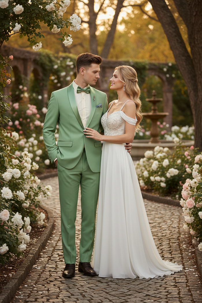 Men’s Mint Green Tuxedo - 2-Piece Formal Suit with Satin Shawl Lapel and Matching Bow Tie in Sage Green by USA Men's Outlet
