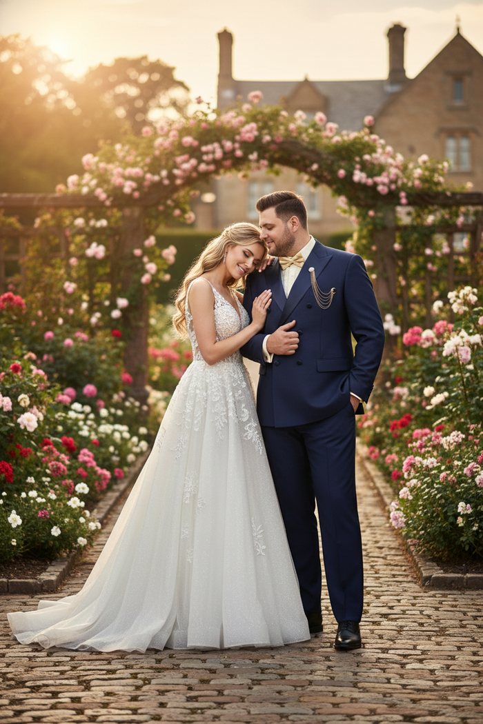 Men’s Navy Blue Double-Breasted Tuxedo with navy Satin Peak Lapel Wedding Suit by USA Men's Outlet