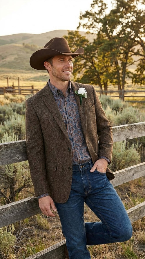 Saco Vaquero Men’s Brown Western Tweed Herringbone Blazer Jacket – Classic Cowboy Style Sport Coat for Wedding Party