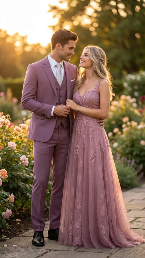 Men’s Mauve Three-Piece Suit – Slim Fit Formal Blazer, Vest, and Trousers for Weddings Rose Gold Pinkish Color