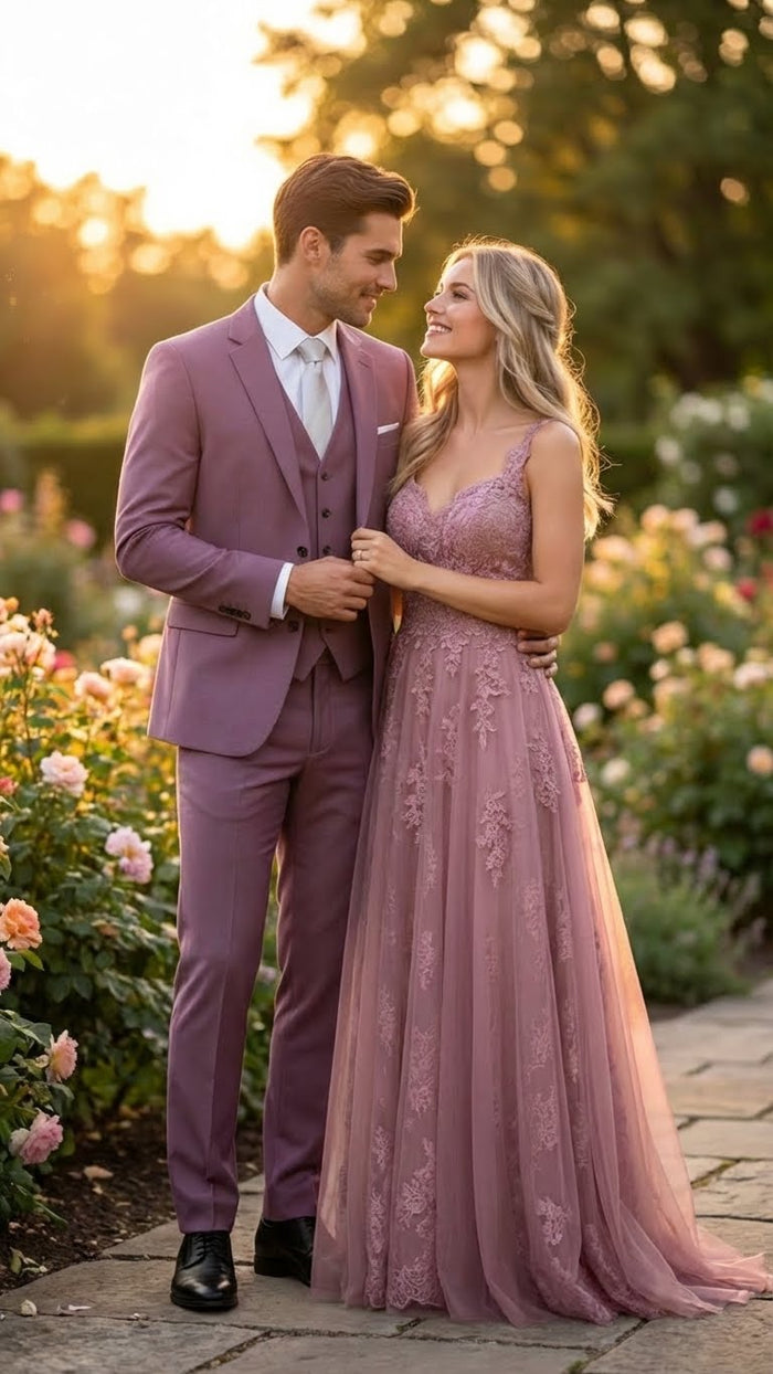 Men’s Mauve Three-Piece Suit - Slim Fit Formal Blazer, Vest, and Trousers for Weddings Rose Gold Pinkish Color USA Men's Outlet