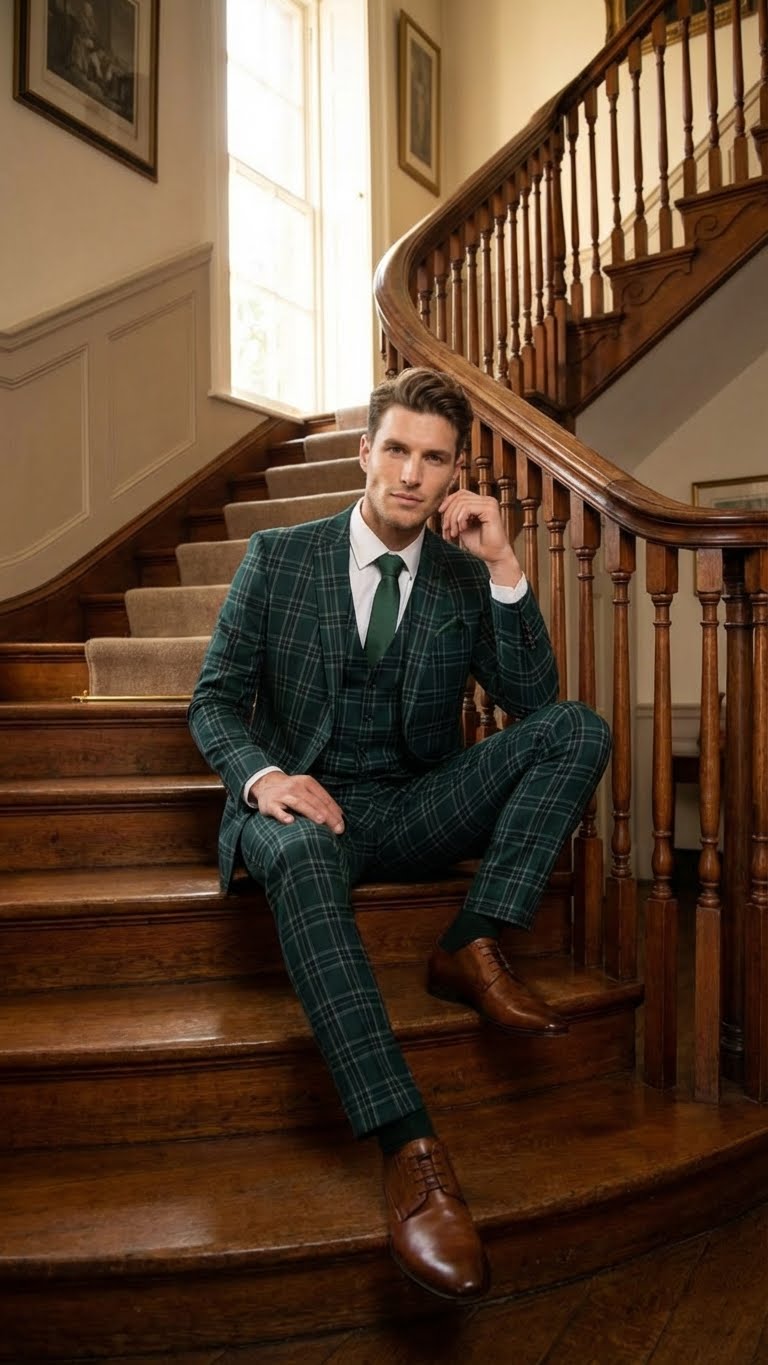 Men's Dark Green Plaid 3 Piece Suit – Checkered Suit Set for Wedding,