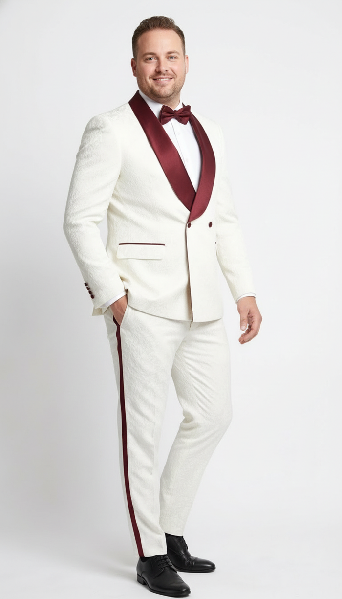 Men’s Ivory and Burgundy Jacquard Tuxedo Suit - Luxury Slim Fit 3-Piece Formal Wedding, Prom, and Gala Outfit in Cream Off White Color USA Men's Outlet
