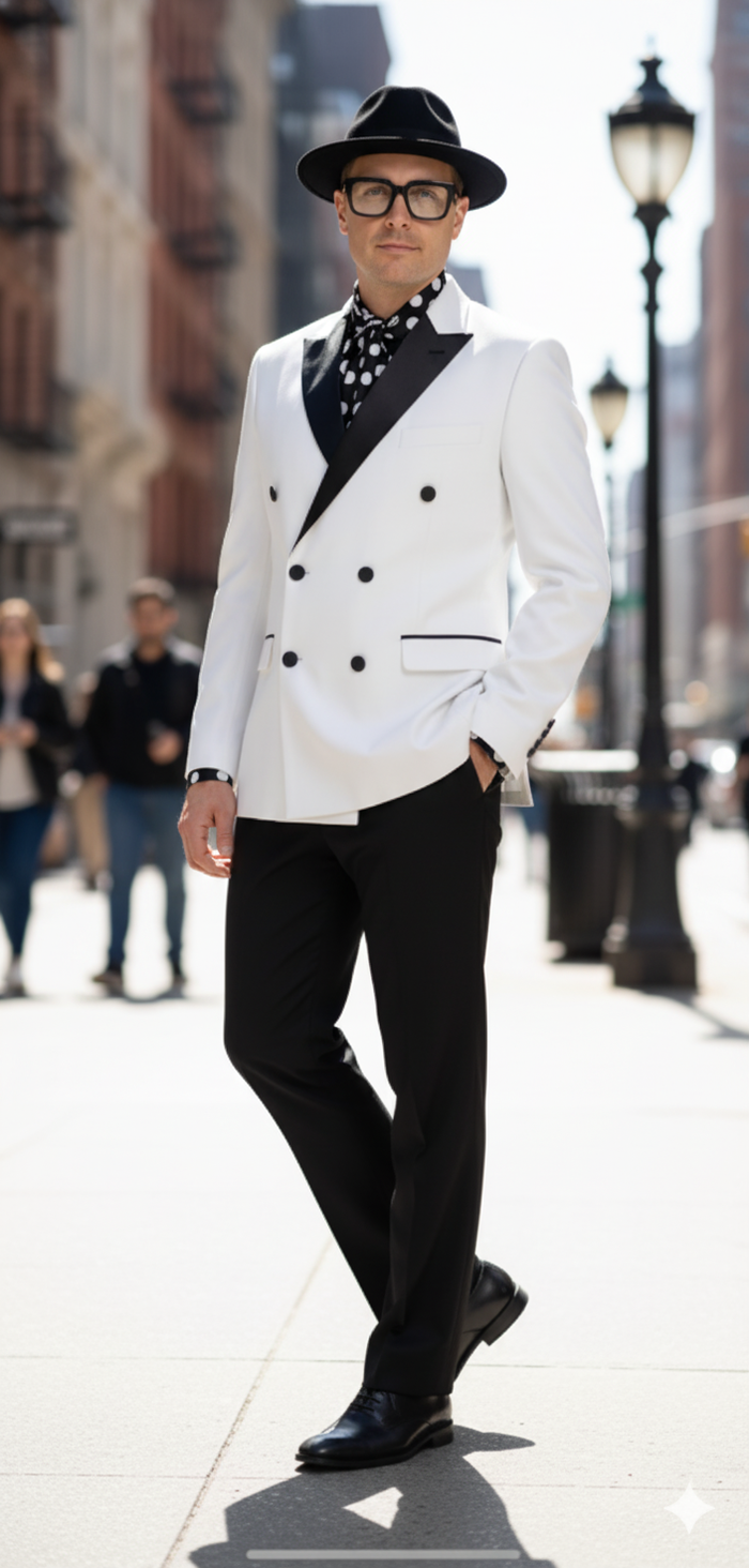 Men’s White and Black Double-Breasted Tuxedo - Modern Slim Fit Formal Suit for Weddings, Parties, and Special Occasions by USA Men's Outlet