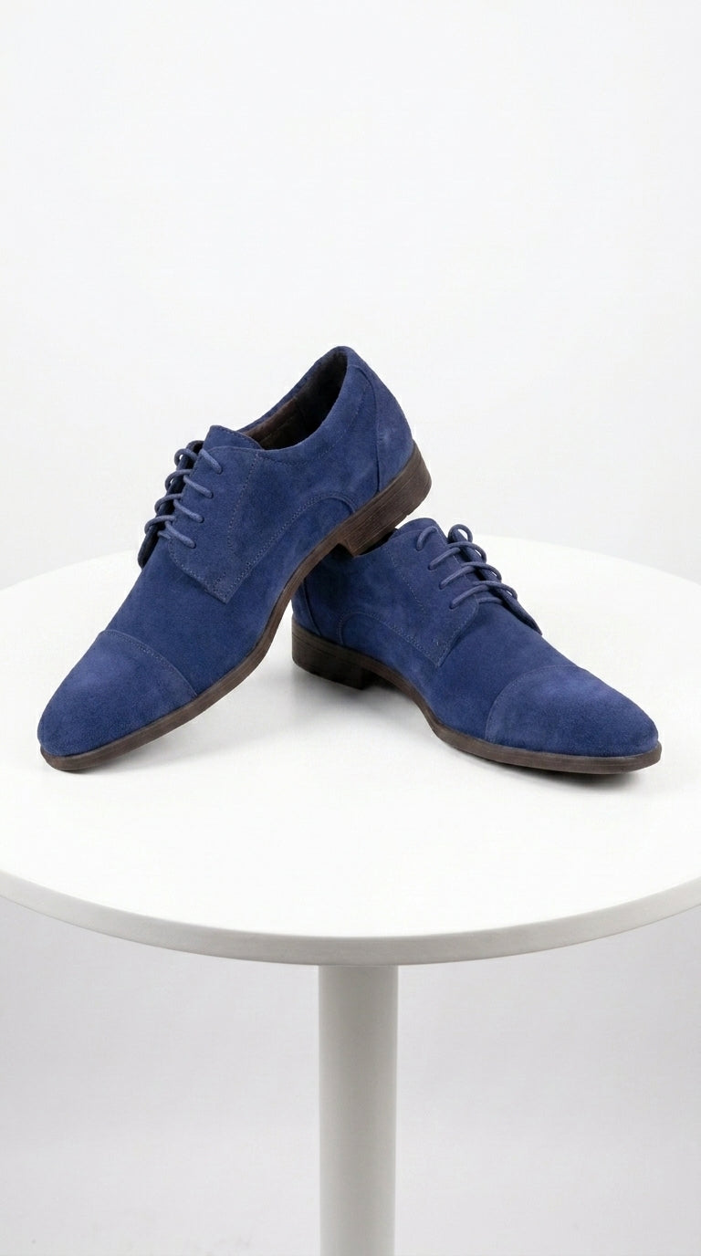 Men’s Navy Blue Suede Cap Toe Dress Shoes – Classic Lace Up Formal Wedding and Prom Shoes Velvet Fabric