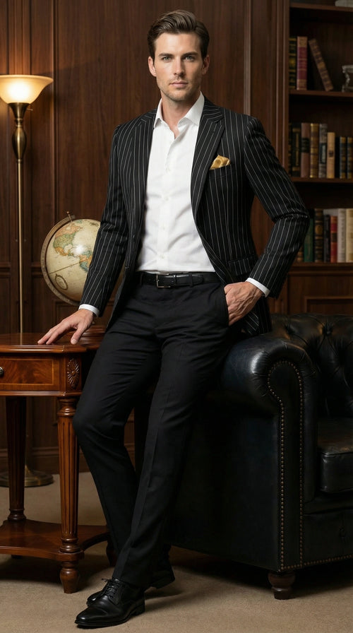 Men’s Black Pinstripe Blazer –Classic Tailored Formal Jacket for Business, Office and Evening Wear