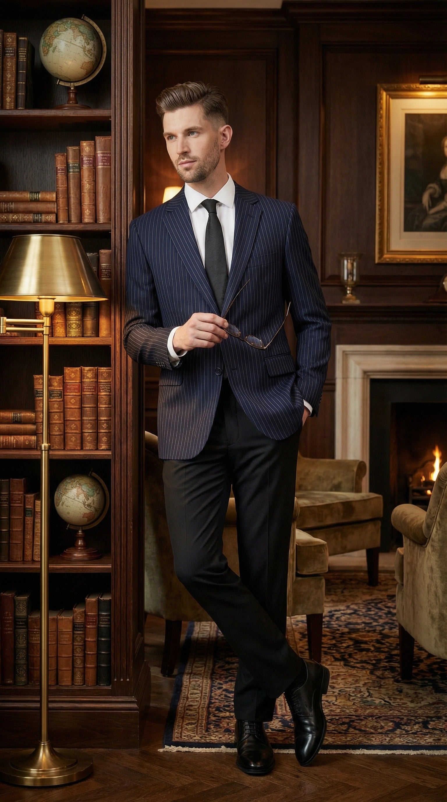 Men’s Navy Blue Pinstripe Blazer – Classic Tailored Formal Jacket for Business, Office and Professional Wear