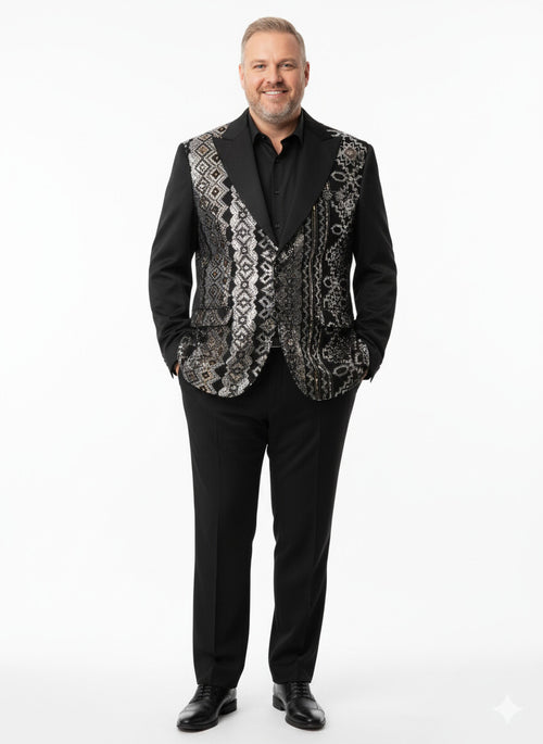 Mens Black and White and Silver Sequin Embroidered Blazer – Luxury Designer Party Wear with Geometric Detailing