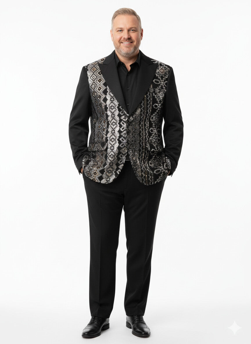 Mens Black and White and Silver Sequin Embroidered Blazer – Luxury Designer Party Wear with Geometric Detailing