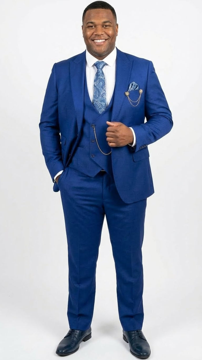 Men’s Royal Blue 3 Piece Suit Set with Vest - Formal Wedding and Party Wear Suit - Saphire Cobalt blue by USA Men's Outlet
