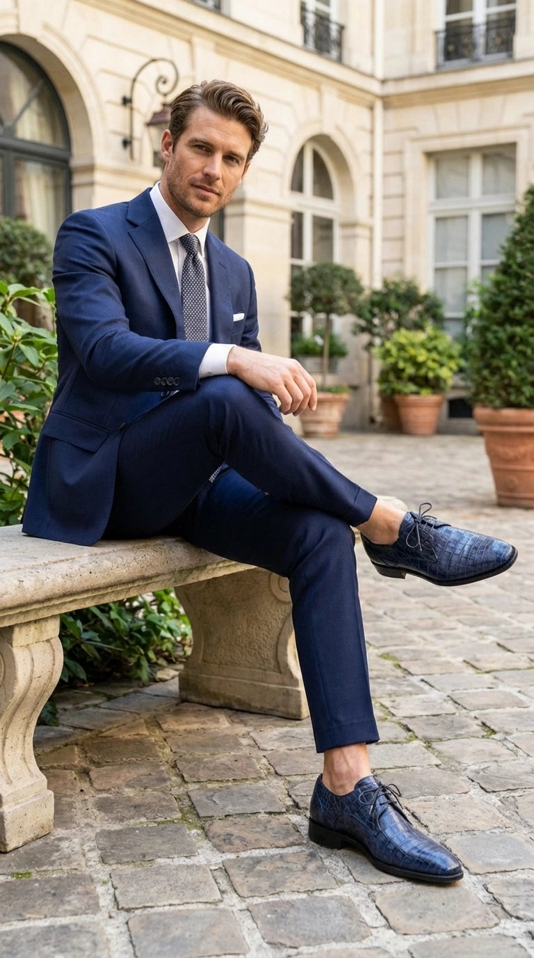 Mezlan Blue Crocodile Alligator Embossed Leather Dress Shoes for Men – Luxury Lace Up Oxford Shoes – Blue Exotic Pattern Formal – SuitUSA