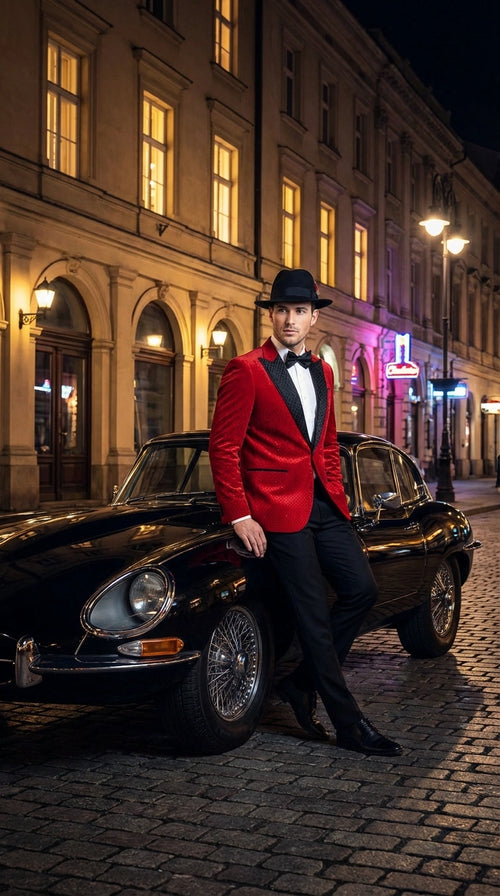 Men’s Red Velvet Fabric Rhinestone  Blazer with Matching Red and Black Hat – Christmas New Year Holiday Party Jacket Set