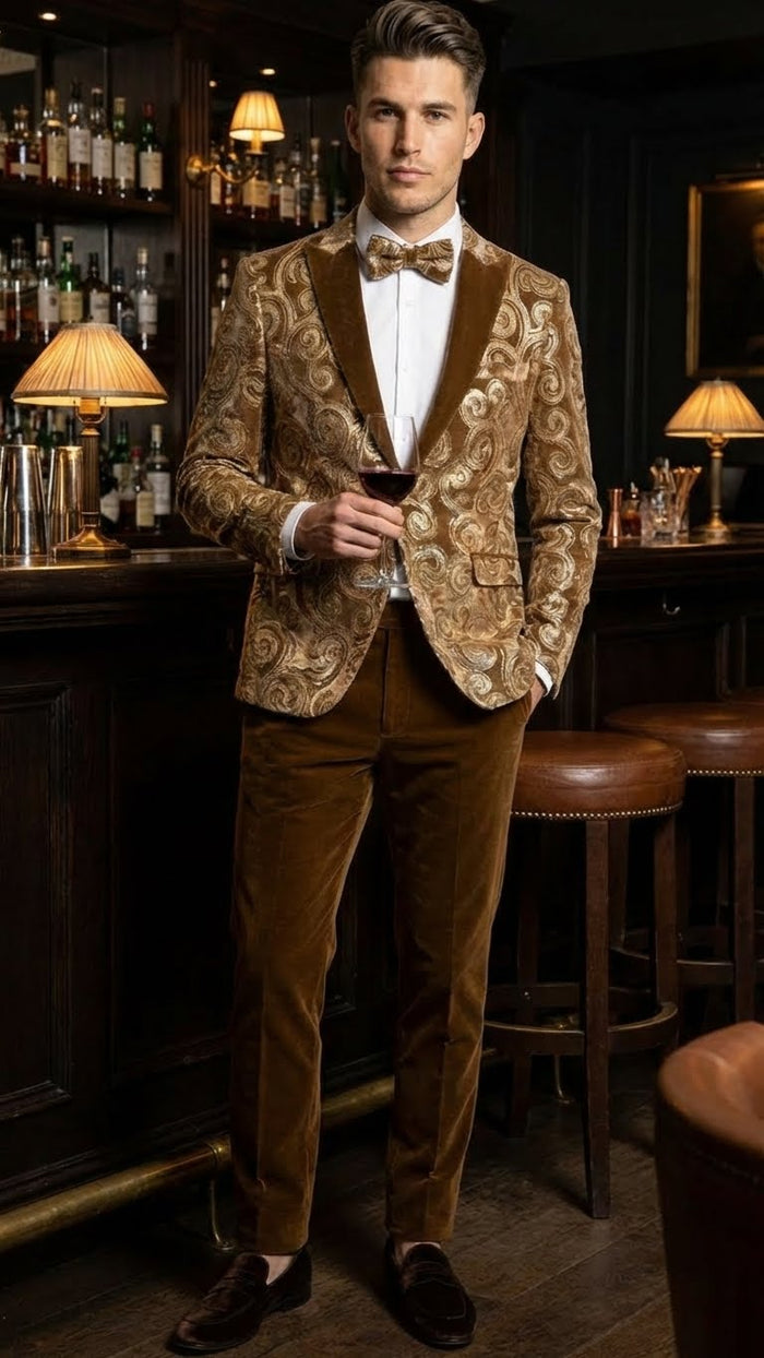 Men’s Goldish Light brown Tuxedo dinner Jacket Embroidered Blazer - Velvet Jacket for Formal Paisley Pattern Coffee Mocca Color by USA Men's Outlet