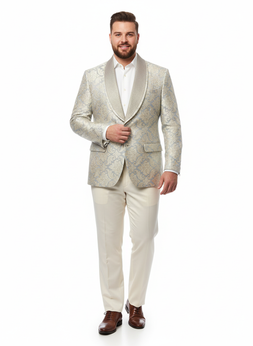 Men’s Champaign Silver and Cream Embroidered Luxury Blazer - Floral Pattern Wedding & Party Dinner Jacket in Light Tan Color by USA Men's Outlet