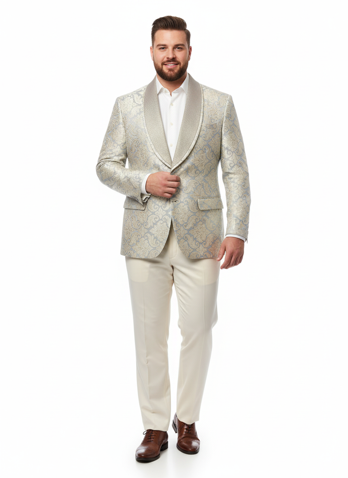 Men’s Champaign Silver and Cream Embroidered Luxury Blazer - Floral Pattern Wedding & Party Dinner Jacket in Light Tan Color by USA Men's Outlet
