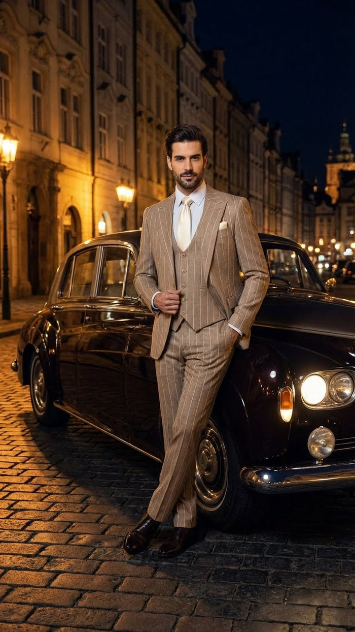 Men's Beige Pinstripe Three-Piece Vested Suit - Tailored Fit Business Attire in Tan Stripe by Rossiman USA Men's Outlet